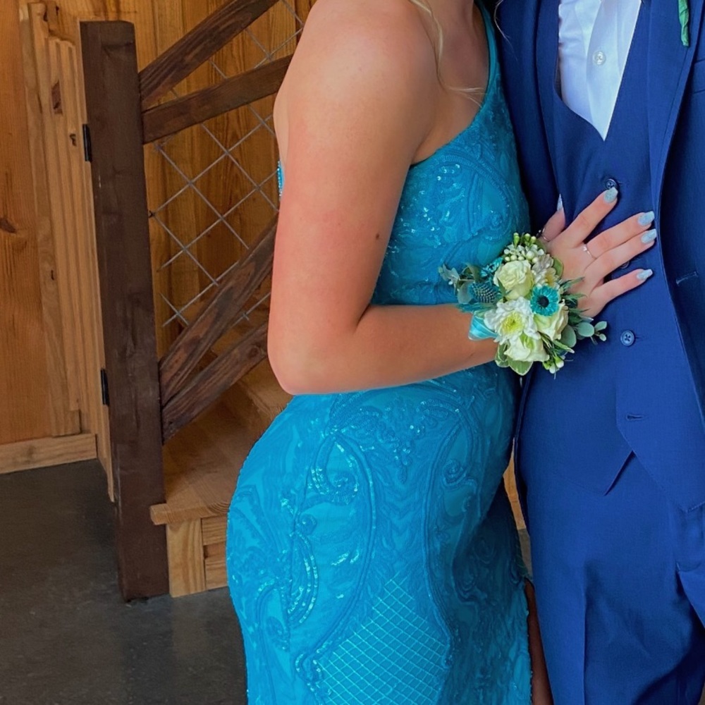 blue one shoulder prom dress